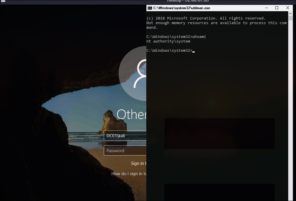 RDP login screen with Utilman exploit