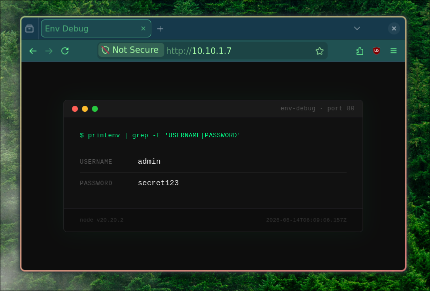 The deployed app on :80 rendering its secret
