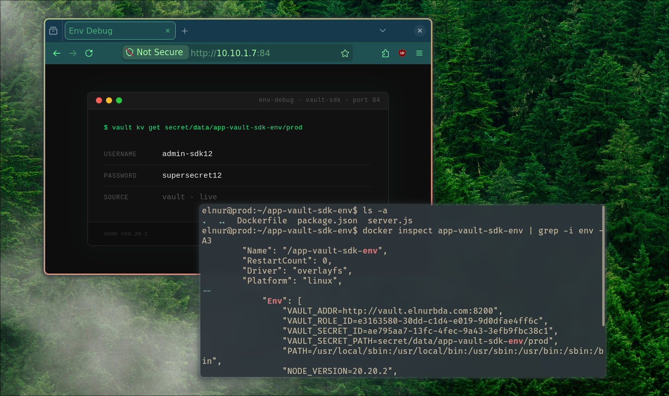 The app on :84 fetching its secret live from Vault
