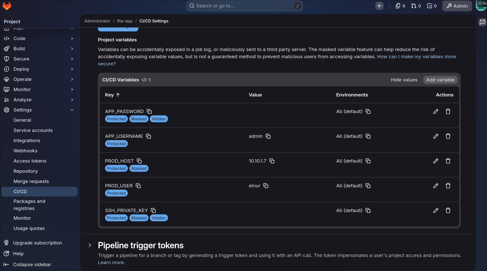 GitLab CI/CD variables holding the app secrets
