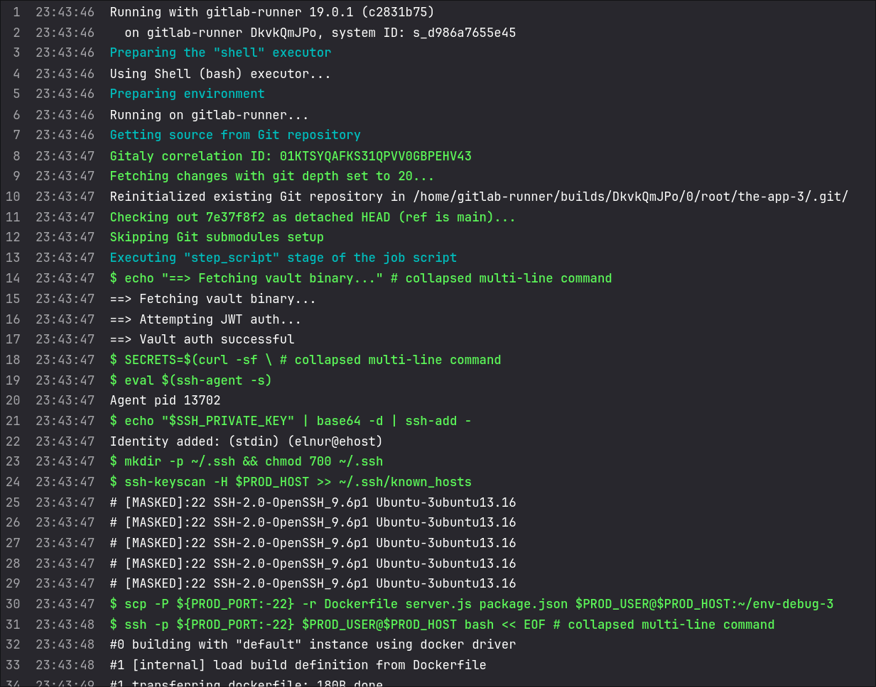 Pipeline log showing the Vault login succeed