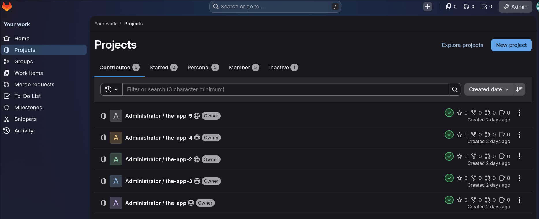GitLab dashboard with the app projects