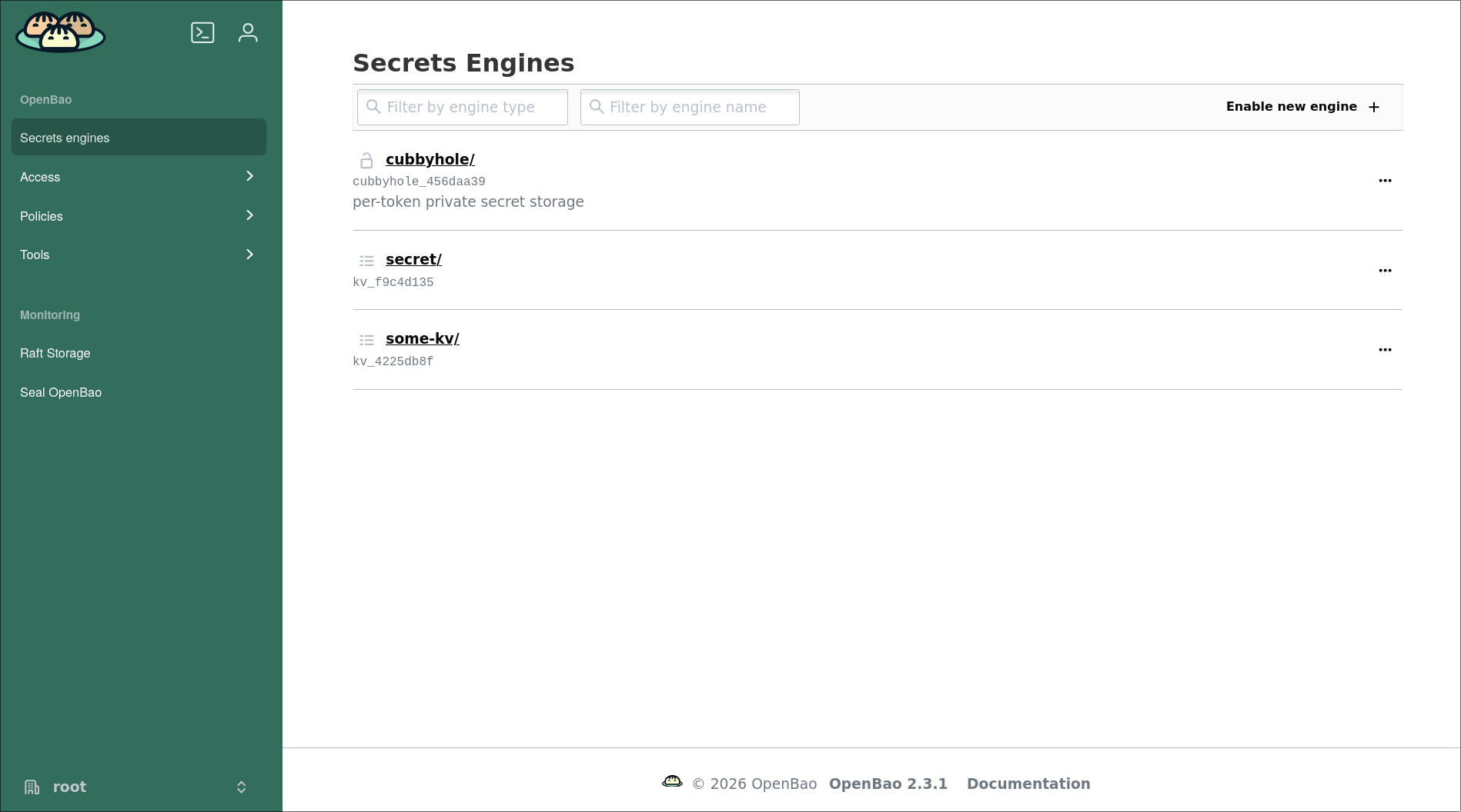 OpenBao web UI showing the KV secrets engine