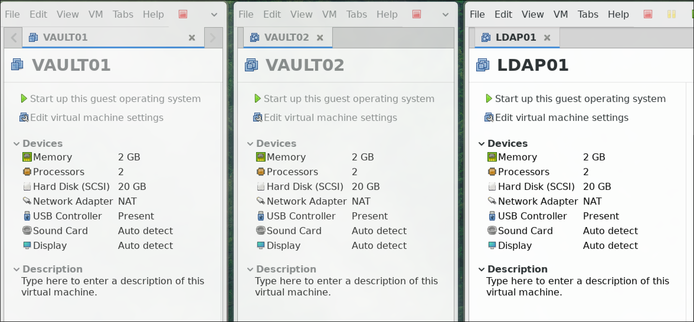 The three Debian VMs — VAULT01, VAULT02, LDAP01