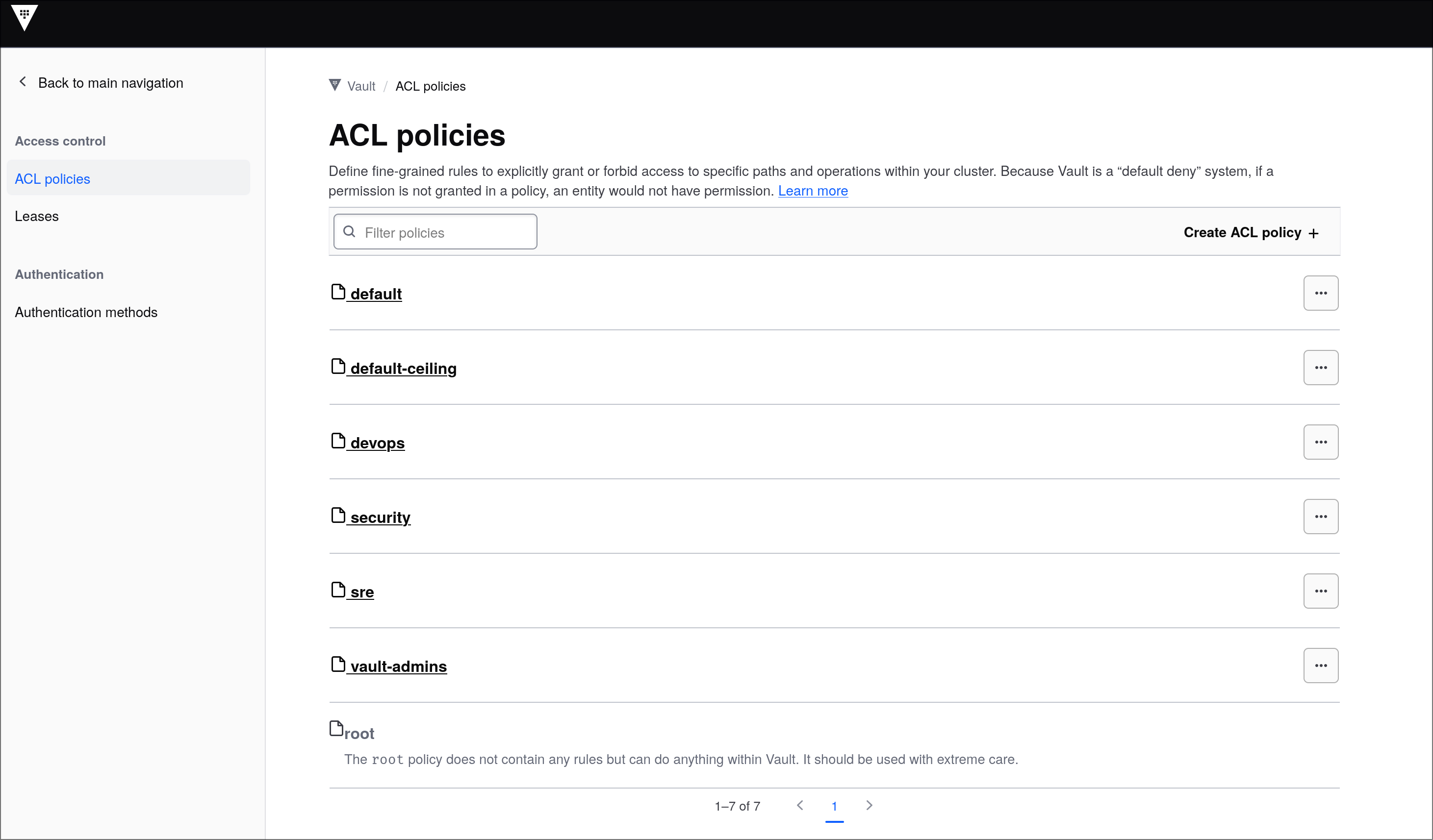 vault policy list showing the four team policies