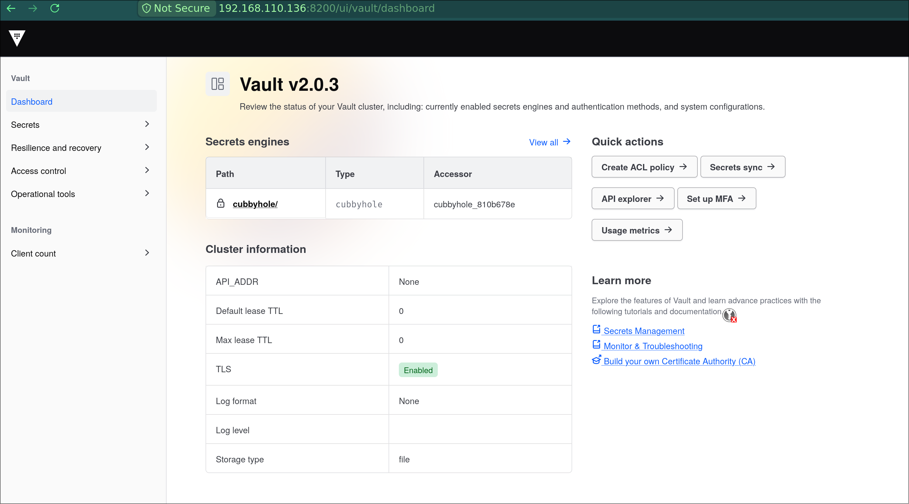 Vault UI, logged in as root