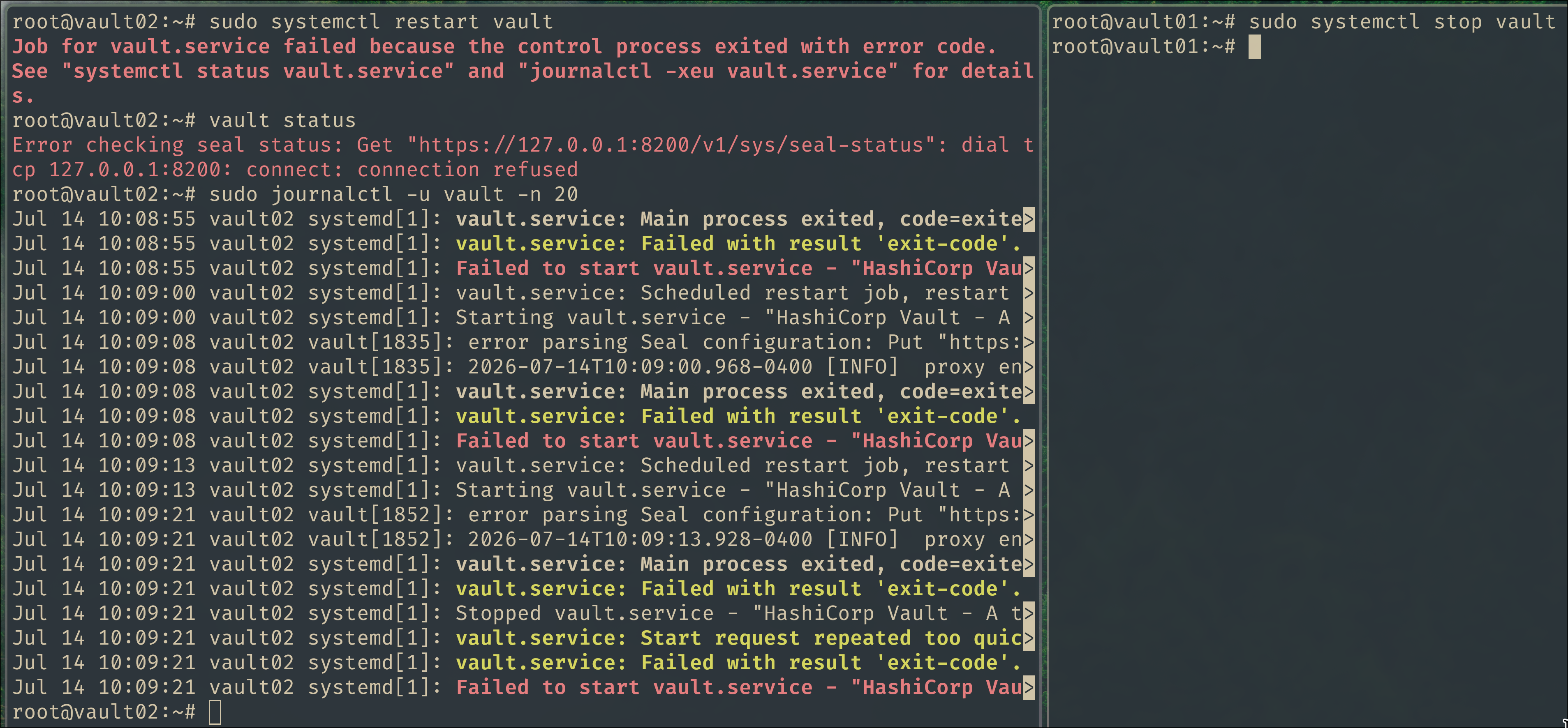 VAULT02 sealed and erroring while VAULT01 is down