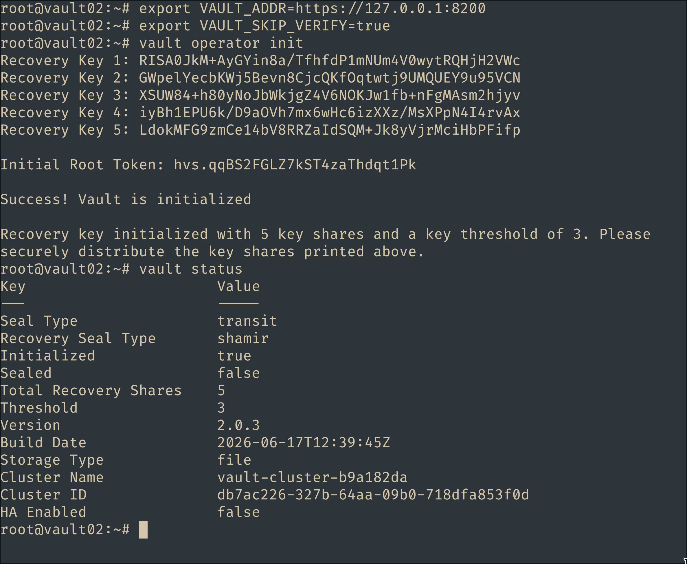 VAULT02 status — unsealed, seal type transit