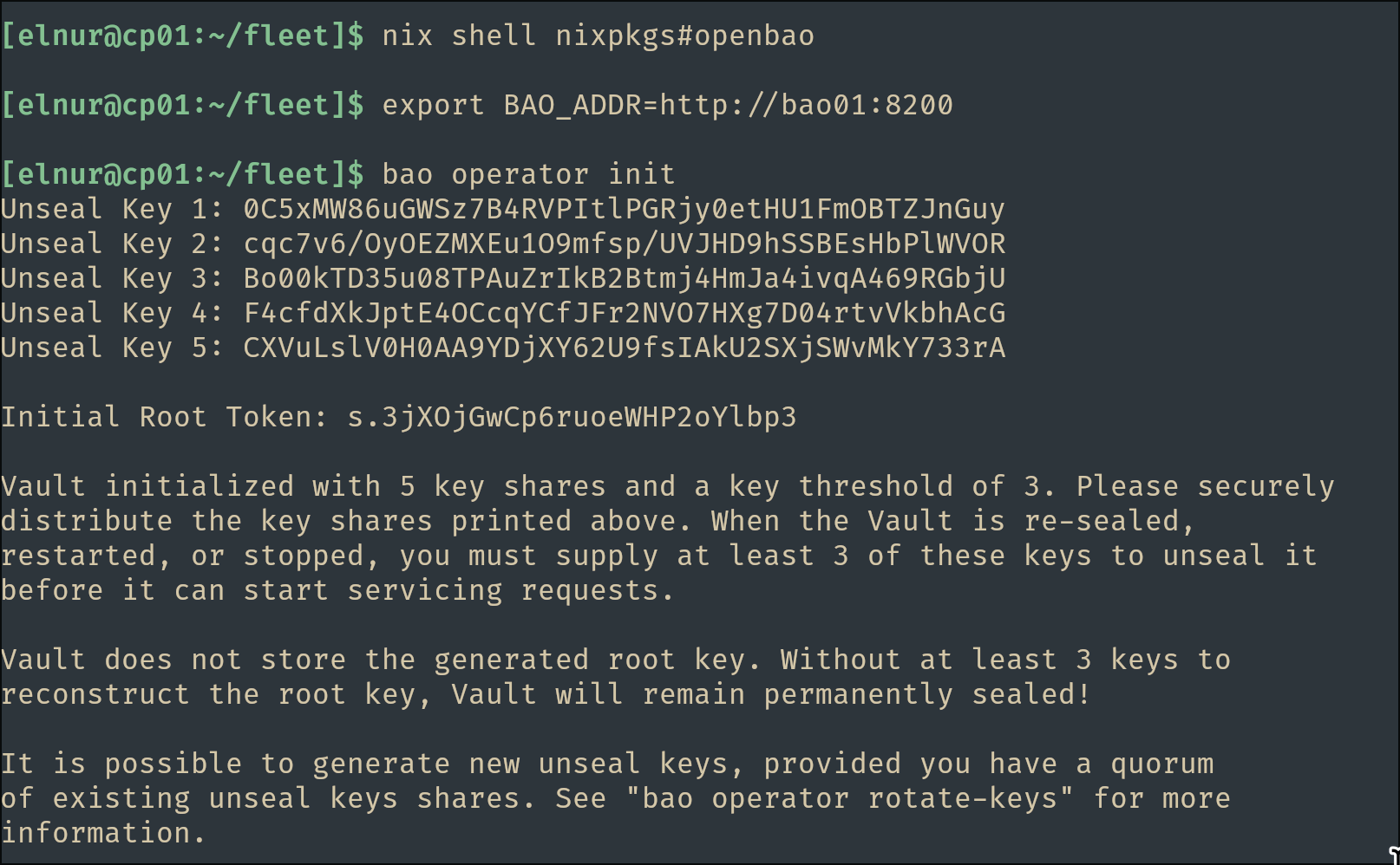 bao operator init output with the unseal keys and root token