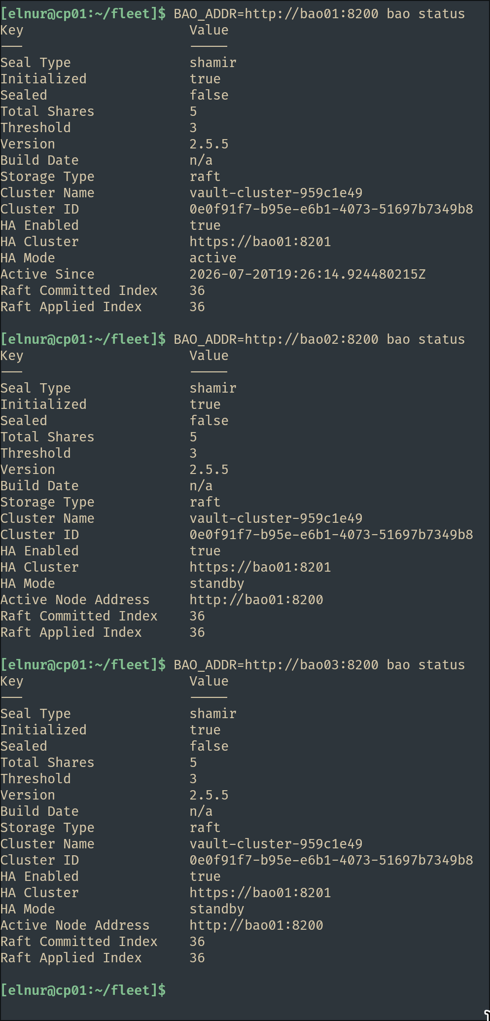Unsealing bao02 and bao03 into the cluster