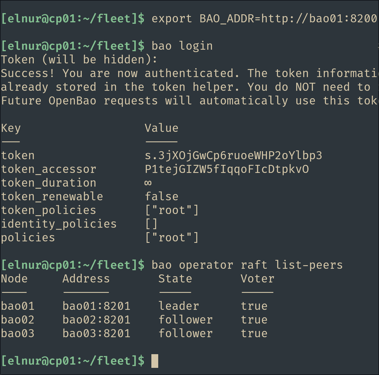 raft list-peers showing bao01 leader and two followers